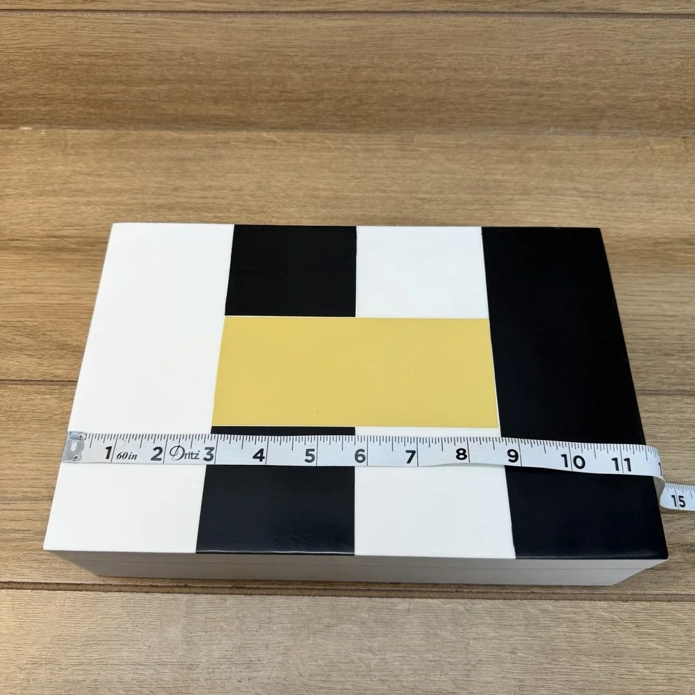Handmade Wood Storage Stash Trinket Box Black Yellow White Geometric Hinged READ